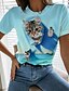 preiswerte T-shirts-Damen Katze Graphic 3D Täglich Wochenende 3D Cat Kurzarm T Shirt Rundhalsausschnitt Bedruckt Basic Oberteile Blau S / 3D-Druck