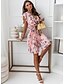 cheap All Sale-Women&#039;s Knee Length Dress A Line Dress Black Pink Apricot Short Sleeve Ruched Lace up Pleated Floral Print V Neck Spring Summer Stylish Elegant Casual Butterfly Sleeve 2022 S M L XL 2XL / Ruffle