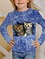 abordables Camisetas y blusas para niñas-Camiseta con estampado 3d de gato para niños, camiseta de manga larga, azul, gris, con estampado de animales, uso diario para la escuela, activa de 4 a 12 años/otoño