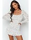 cheap Bodycon Dresses-Women&#039;s Sundress Short Mini Dress White Long Sleeve Floral Ruched Print Fall Summer Square Neck Hot Elegant Holiday Going out Slim 2021 S M L