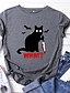 billige T-shirts-Dame Halloween T skjorte Katt Bokstaver Trykt mønster Rund hals Grunnleggende Halloween Topper Bomull Blå Gul Rosa