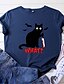 cheap T-Shirts-Women&#039;s Halloween T shirt Cat Letter Print Round Neck Basic Halloween Tops Cotton Blue Yellow Blushing Pink