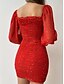 cheap Party Dresses-Women&#039;s Short Mini Dress Sheath Dress Red Long Sleeve Ruched Pleated Zipper Floral Square Neck Fall Winter Party Personalized Vintage Sexy Lantern Sleeve 2021 S M L XL / Print