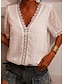 billige Tops &amp; Blouses-Dame Afslappet Daglig Kortærmet Bluse Skjorte V-hals Gennemsigtig Blonder Basale Toppe Løstsiddende Grøn Hvid Sort S