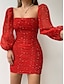 cheap Party Dresses-Women&#039;s Short Mini Dress Sheath Dress Red Long Sleeve Ruched Pleated Zipper Floral Square Neck Fall Winter Party Personalized Vintage Sexy Lantern Sleeve 2021 S M L XL / Print