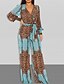 cheap Jumpsuits &amp; Rompers-Women&#039;s Boho Lace up Blue Beige Jumpsuit Leopard Chiffon