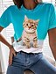 billige T-shirts-Dame T-shirt Blå Trykt mønster Farveblok Kat Daglig Weekend Kortærmet Rund hals Basale Normal 3D kat Maleri S
