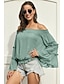 cheap Tops &amp; Blouses-Women&#039;s Plain Going out Weekend Long Sleeve Blouse Shirt Off Shoulder Lettuce Trim Casual Streetwear Tops Loose Green White Black S