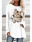preiswerte T-shirts-Damen Katze 3D Tier Täglich Wochenende 3D Cat Farbe Langarm T Shirt Rundhalsausschnitt Bedruckt Basic Oberteile Grün Weiß Blau S / 3D-Druck