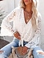 cheap Tops &amp; Blouses-Women&#039;s Going out Blouse Shirt Long Sleeve Plain V Neck Cut Out Lace Tops White