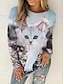 billige T-shirts-Dame Kat 3D Dyr Daglig Weekend 3D kat Maleri Langærmet T-shirt Rund hals Trykt mønster Basale Toppe Blå S / 3D-udskrivning