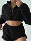 cheap Sleep &amp; Lounge-Women&#039;s 1 set Loungewear Sets Plush Comfort Pure Color Polyester Home Street Daily Stand Collar Warm Gift # Basic Mismatched Shorts Fall Winter Black