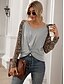 cheap Tops &amp; Blouses-Women&#039;s T shirt Painting Long Sleeve Color Block Leopard V Neck Cut Out Print Basic Tops Regular Fit Gray Black Brown