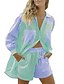 cheap Sleep &amp; Lounge-Women&#039;s 1 set Loungewear Sets Simple Fashion Comfort Stripe Polyester Home Street Daily Lapel Breathable Gift Shirt Long Sleeve Elastic Waist Button Shorts Fall Spring Green Pink / Buckle / Sport