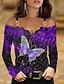 cheap Tops &amp; Blouses-Women&#039;s Floral Striped Butterfly Going out Weekend Butterfly Long Sleeve Blouse Shirt V Neck Cut Out Lace Trims Print Casual Streetwear Tops Black Blue Purple S