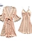 cheap Sleep &amp; Lounge-Women&#039;s 2 Pieces Pajamas Sets Nighty Casual Comfort Satin Patchwork Jacquard Satin Party Home Deep V Gift Lace Mesh Fall Spring Belt Included Pink Khaki / Spandex / Super Sexy / Bow / Strap