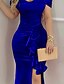 preiswerte Silvester Kleider-Damen-Cocktail-Partykleid, Hochzeitsgastkleid, Samtkleid, langes Kleid, Maxikleid, blau, kurzärmelig, reine Farbe, Rüschen, Winter, Herbst, Frühling, V-Ausschnitt, elegant