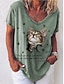 abordables T-shirts-Mujer Gato Texto Diario Fin de semana Gato Pintura Manga Corta Camiseta Escote en Pico Estampado Básico Tops Verde Trébol M