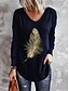 abordables T-shirts-Femme T shirt Tee Plume Noir Bleu Vert manche longue Casual du quotidien basique Col V Automne hiver