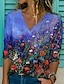 billige T-shirts-Dame Blomstret 3D Ferie Helg Blomster Tema 3D Maling Langermet T skjorte V-hals Trykt mønster Grunnleggende Topper Blå Lilla Rosa S / 3D-utskrift