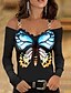 cheap Tops &amp; Blouses-Women&#039;s Floral Striped Butterfly Going out Weekend Butterfly Long Sleeve Blouse Shirt V Neck Cut Out Lace Trims Print Casual Streetwear Tops Black Blue Purple S