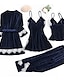 cheap Sleep &amp; Lounge-Women&#039;s 4 Pieces Pajamas Robes Gown Nightgown Sets Simple Fashion Retro Pure Color Lace Home Party Daily Straps Gift Tank Top Long Sleeve Basic Pant Fall Winter Belt Included Chest pads Green Black