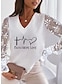 billige T-shirts-Dame T-shirt Lyserød Hvid Patchwork Trykt mønster Hjerte Tekst Afslappet Valentine Langærmet V-hals Basale Normal Maleri Par S