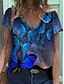 billige T-shirts-Dame Grafisk Sommerfugl Avslappet Daglig Sommerfugl Kortermet T skjorte V-hals Grunnleggende Topper Blå S / 3D-utskrift
