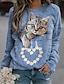 billige Hættetrøjer &amp; Sweatshirts-Dame Sweatshirt bluse Trykt mønster Aktiv Gade Marineblå Brun Kaffe Dyr Kat 3D Afslappet Rund hals Langærmet Mikroelastisk Uden for