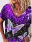 abordables T-shirts-T shirt Tee Femme Casual du quotidien Graphic Papillon Scintillant Manches Courtes Papillon Col V basique Violet Hauts S / 3D effet