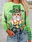 preiswerte Meistverkaufte Oberteile-Damen Katze Blatt 3D Casual Wochenende Blume Glücklich 3D Cat Langarm T Shirt Rundhalsausschnitt Bedruckt Basic Oberteile Grün S / 3D-Druck