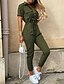 cheap Jumpsuits &amp; Rompers-Women&#039;s Jumpsuit Solid Color Lace up Button Casual Shirt Collar Daily Holiday Short Sleeve Regular Fit Creamy-white ArmyGreen Striped flower S M L Spring