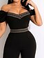 cheap Women&#039;s Jumpsuits-Women&#039;s Jumpsuit Striped Print Casual Off Shoulder Straight Party Street Short Sleeve Regular Fit Puff Balloon Sleeve Black S M L Spring