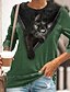 cheap T-Shirts-Women&#039;s T shirt Tee Green Blue Yellow Print Cat 3D Daily Weekend Long Sleeve Round Neck Basic Regular 3D Cat Painting S