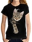 billige Bestselgende topper-Dame T skjorte Katt 3D Avslappet Helg Svart Hvit Trykt mønster Kortermet Grunnleggende Rund hals Normal