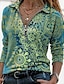 baratos Tops &amp; Blouses-Mulheres Blusa Camisa Social Floral Brilhante Estampas Abstratas Decote V Colarinho de Camisa Quarter Zip Imprimir Básico Blusas Azul Roxo Verde