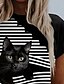 billige T-skjorte-Dame T skjorte Grafisk Katt Stripet Svart Trykt mønster Kortermet Daglig Helg Årgang Grunnleggende Rund hals Normal