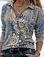 baratos Tops &amp; Blouses-Mulheres Blusa Camisa Social Floral Brilhante Estampas Abstratas Decote V Colarinho de Camisa Quarter Zip Imprimir Básico Blusas Azul Roxo Verde