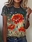 billige Bedst sælgende toppe-Dame Blomstret 3D Afslappet Ferie Weekend Blomster Tema Maleri Kortærmet T-shirt Rund hals Trykt mønster Basale Toppe Blå Gul Rød S / 3D-udskrivning