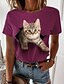 billige T-shirts-Dame Avslappet Helg T skjorte 3D Cat Maling Kortermet Katt 3D Rund hals Trykt mønster Grunnleggende Topper Grønn Hvit Blå S / 3D-utskrift