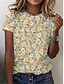 abordables T-shirts-Mujer Camiseta Amarillo Floral Plantas Casual Diario Manga Corta Escote Redondo Básico Regular Flor S