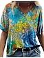 baratos T-shirts-Mulheres Floral Casual Feriado Final de semana Tema Flores Abstrato Pintura Manga Curta Camiseta Decote V Imprimir Básico Blusas Verde Azul Amarelo S / Impressão 3D