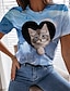 cheap T-Shirts-Women&#039;s T shirt Tee Blue Print Cat Heart Casual Weekend Short Sleeve Round Neck Basic Regular 3D Cat Painting S