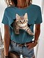 billige T-shirts-Dame Afslappet Weekend T-shirt 3D kat Maleri Kortærmet Kat 3D Rund hals Trykt mønster Basale Toppe Grøn Hvid Blå S / 3D-udskrivning