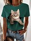 baratos T-shirts-Mulheres Casual Final de semana Camiseta Gato 3D Pintura Manga Curta Gato 3D Decote Redondo Imprimir Básico Blusas Verde Branco Azul S / Impressão 3D