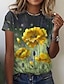 billige Bedst sælgende toppe-Dame Blomstret 3D Afslappet Ferie Weekend Blomster Tema Maleri Kortærmet T-shirt Rund hals Trykt mønster Basale Toppe Blå Gul Rød S / 3D-udskrivning