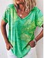 billige T-shirt-Dame Kort Afslappet Weekend Maleri Kortærmet T-shirt V-hals Trykt mønster Basale Toppe Grøn Blå Lilla S / 3D-udskrivning