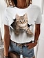 billige T-shirts-Dame Avslappet Helg T skjorte 3D Cat Maling Kortermet Katt 3D Rund hals Trykt mønster Grunnleggende Topper Grønn Hvit Blå S / 3D-utskrift