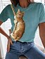 billige T-shirts-Dame T skjorte Rosa Blå Grønn Trykt mønster Katt 3D Avslappet Helg Kortermet Rund hals Grunnleggende Normal 3D Cat Maling S