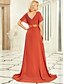 cheap Dresses-A-Line Empire Fall Wedding Guest Dress Red Green Dress Plus Size Formal Evening Dress V Neck Short Sleeve Floor Length Chiffon with Pleats Ruched 2024